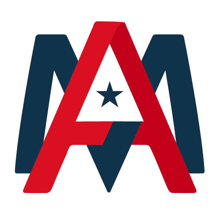 Red and blue abstract logo with star.